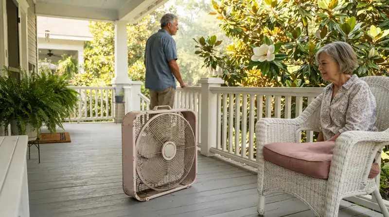 A vintage box fan turning slowly on a shaded porch with magnolia leaves beyond the railing