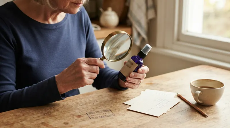 A woman in her sixties reading the back of a small bottle through a magnifying glass at a kitchen table beside handwritten index cards
