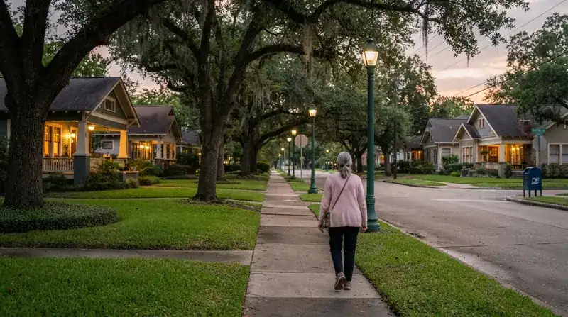A tree-lined street at dusk with an older woman walking past old iron lampposts toward a blue corner mailbox