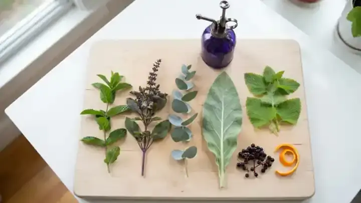 Fresh peppermint, holy basil, a eucalyptus sprig, a fuzzy mullein leaf and lemon balm laid out on a wooden board