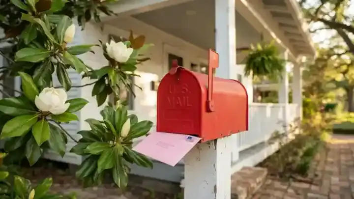 A red metal mailbox on a porch post with its flag raised, magnolia blossoms moving gently in the breeze beside it