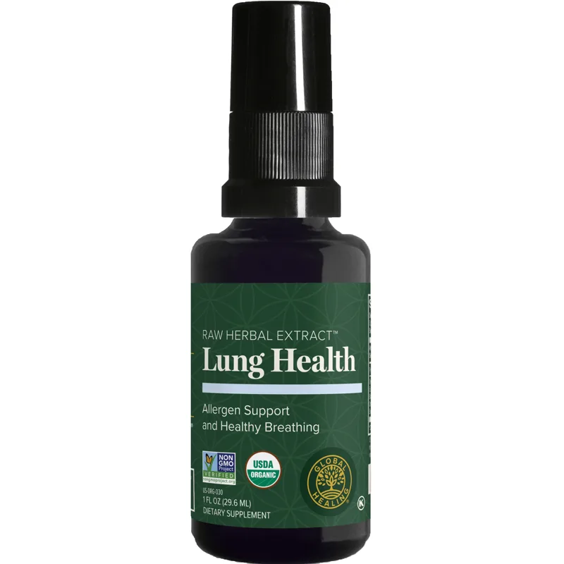 The Global Healing Lung Health one fluid ounce spray in a dark violet glass bottle with a green label
